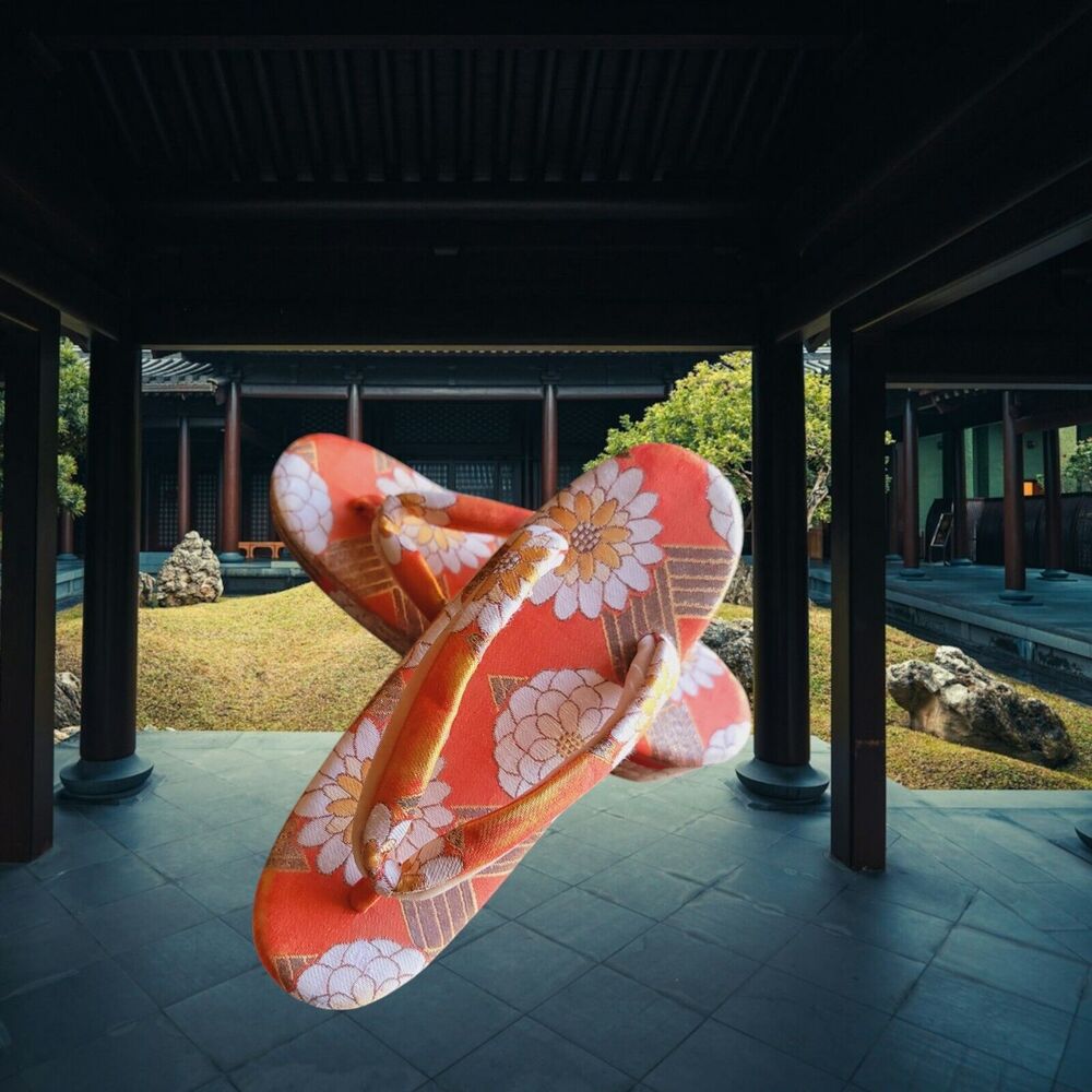 Vintage Japanese Zori Geisha Sandals Floral Orange Gold See Measurements For Sz